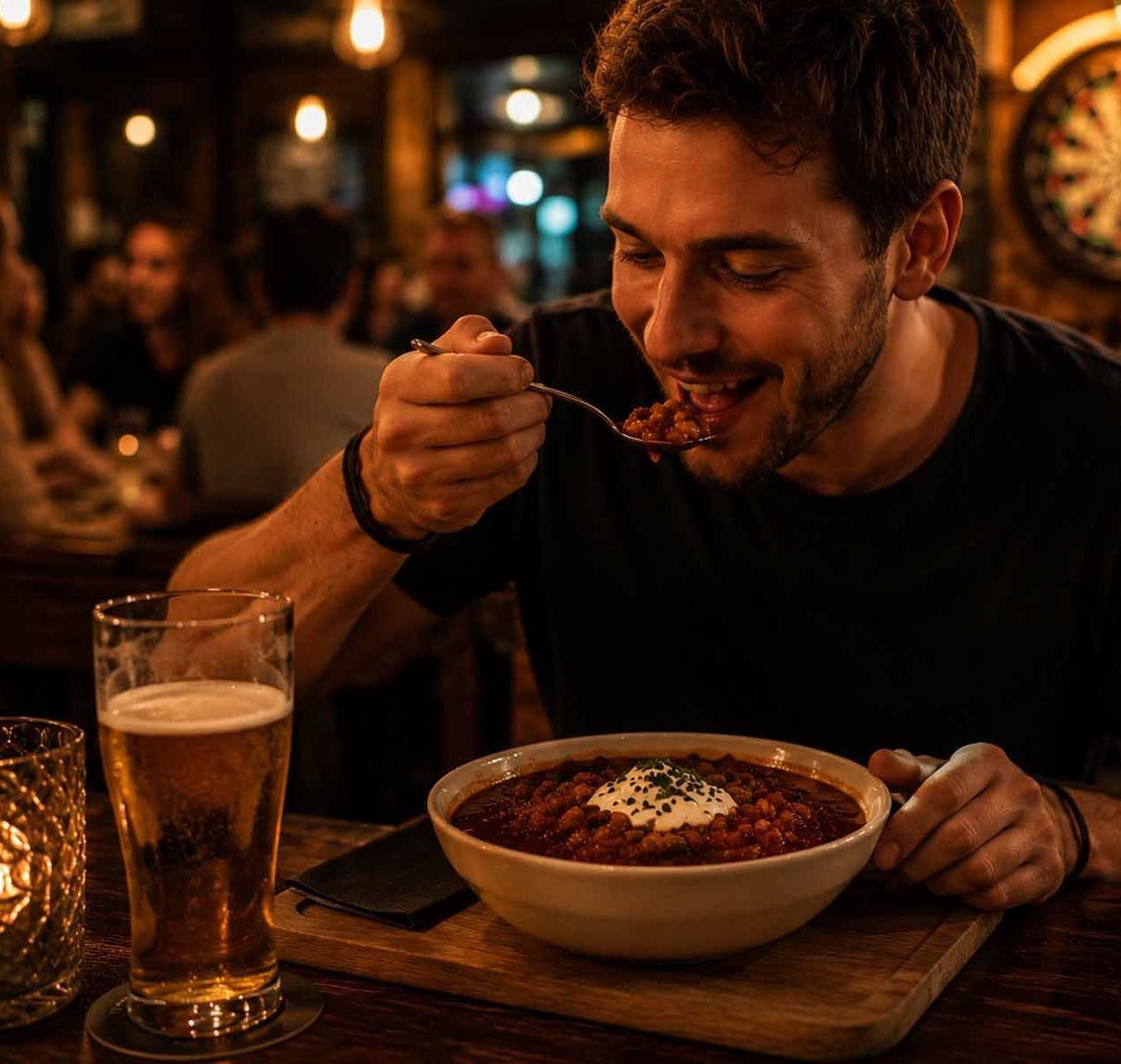 Mann isst Chili Con Carne im Pub